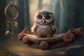 cute little baby owl is sitting on a wooden swing in the forest Royalty Free Stock Photo