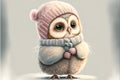 A cute, little, baby owl in warm winter clothes, symbol of love. Pastel, animal concept. Generative AI