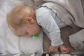 Cute little baby with pacifier sleeping in crib. Bedtime Royalty Free Stock Photo