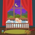 Cute Little Baby Sitting in the Bed and Crying at Night Vector Illustration