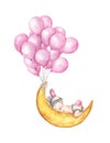 Cute little baby sleeping on the moon flying with pink balloons. Royalty Free Stock Photo