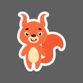 Cute little baby squirrel sticker. Cartoon animal character for kids cards, baby shower, birthday invitation, house interior.