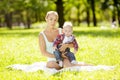 Cute little baby in summer park with mother on the grass. Swee