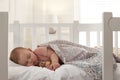 Cute little baby with toy bear sleeping in soft crib at home Royalty Free Stock Photo