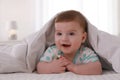 Cute little baby with toy in bed under soft blanket indoors Royalty Free Stock Photo