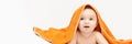 Cute little baby. Under bath towel. Happy kid portrait. White background Royalty Free Stock Photo