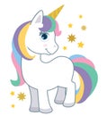 Cute Little Baby Unicorn with Rainbow Hair Isolated on White Cartoon Style Vector Illustration. Fantasy Animal Royalty Free Stock Photo