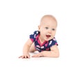 Cute little baby on white background. Tummy time Royalty Free Stock Photo
