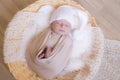 Cute little baby in white knitted hat lies in a wicker basket in a beige knitted blanket. Summer mood. Royalty Free Stock Photo