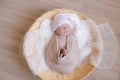 Cute little baby in white knitted hat lies in a wicker basket in a beige knitted blanket. Summer mood. Royalty Free Stock Photo