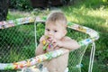 Cute little baby who can`t walk yet is in play pen. Naked baby standing in an play pen and holding a teething toy in his mouth. Royalty Free Stock Photo