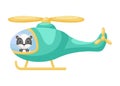 Cute little badger pilot in emerald helicopter. Cartoon character for childrens book, album, baby shower, greeting card, party Royalty Free Stock Photo