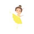 Cute Little Ballerina Dancing, Brunette Girl Ballet Dancer Character in Yellow Tutu Dress Vector Illustration Royalty Free Stock Photo