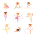 Cute Little Ballerinas Doing Exercises Set, Girls Gymnasts Characters Training in Leotards Vector Illustration Royalty Free Stock Photo