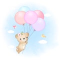 Cute Little Bear with balloons and birds, animal watercolor illustration Royalty Free Stock Photo