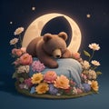 cute little bear in the beautiful bed covered with beautiful flowers around the stars and moon