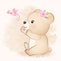 Cute Little Bear with bird hand drawn animal watercolor illustration Royalty Free Stock Photo