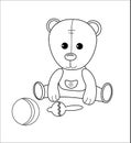 Cute little bear character with rattle, ball. Coloring page with toys. Vector simple game for kids. Linear illustration