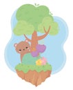 Cute little bear flowers tree bush grass cartoon animals in a natural landscape