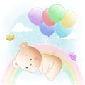 Cute little bear flying into the sky with balloons and rainbow background Royalty Free Stock Photo