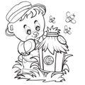 Cute little bear in a hat came to the hive to collect honey, bees fly around him, outline drawing,