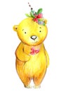 Cute little bear illustration. Toy bear with flower wreath and red flower. Isolated on white hand drawn illustration for kids stuf Royalty Free Stock Photo