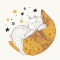 Cute little bear sleeping on crescent moon in scandinavian style Royalty Free Stock Photo