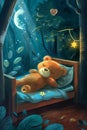 A cute bear sleeps in bed, children\'s book illustration. Restful sleep. Baby Teddy sleeps. Good night! Royalty Free Stock Photo