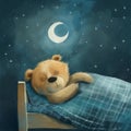 A cute bear sleeps in bed, children\'s book illustration. Restful sleep. Baby Teddy sleeps. Good night Royalty Free Stock Photo