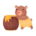 Cute little bear is standing next to a barrel of honey. Vector illustration on white background.