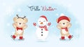 Cute little bears on ice skates and snowman, Christmas season illustration