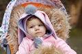 Cute little beautiful baby girl sitting in the pram or stroller on autumn day. Happy smiling child in warm clothes Royalty Free Stock Photo