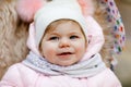 Cute little beautiful baby girl sitting in the pram or stroller on cold autumn, winter or spring day. Happy smiling Royalty Free Stock Photo