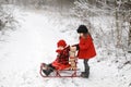 A cute little beautiful girl loads Christmas gifts into a sled where her younger sister is sitting. Royalty Free Stock Photo