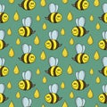 Cute little bee collects honey in a green clearing, Bright print for children, seamless square pattern