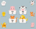 Cute little beggar animals help cat dog pig cow lamb chicken cartoon flat design characters set vector illustration