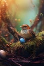 Cute little bird with colourful Easter eggs on the mossy background. AI Generative Royalty Free Stock Photo