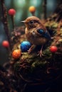 Cute little bird with colourful Easter eggs on the mossy background. AI Generative Royalty Free Stock Photo