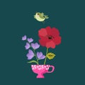 Cute little bird and cup with poppy and bellflower. Beautiful vector card. Spring design Royalty Free Stock Photo