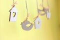 cute little bird houses and wooden birds hanging, spring coming concept