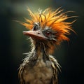 cute little bird with orange ruffled feathers on head sitting on dark background Royalty Free Stock Photo