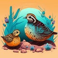 Cute little bird vivid color background. Cartoon style quail illustration, generative AI