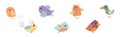 Cute Little Birdie with Colorful Feather Vector Set