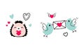 Cute Little Birdie Flying with Love Letter in Envelope and Hedgehog with Heart as Valentine Day Celebration Vector Set