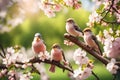 Cute little birds sitting on wooden fence under blooming pink Apple tree branch in may garden on Sunny day Royalty Free Stock Photo