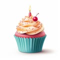 Cute Little Birthday Cupcake with Candle Clipart on White Background AI Generated