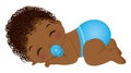 African American Cute Curly Baby Boy Wearing Blue Diaper Sleeping