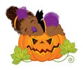 Cute Little Halloween African American Baby Girl Sleeping on Pumpkin. Vector Cute Halloween Pumpkin