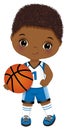 Cute Little African American Boy Playing Basketball. Vector Black Basketball Player Royalty Free Stock Photo