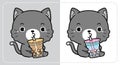 Cute Little Black Cat Eating Boba Bubble Milk Tea. Royalty Free Stock Photo